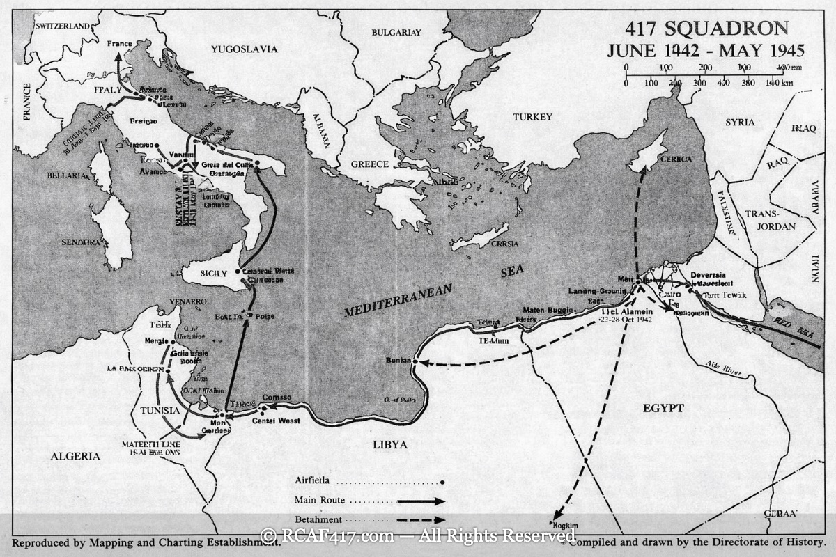 Map of 417 Squadron's movements, airfields, and detachments in the Mediterranean theater, June 1942 to May 1945
