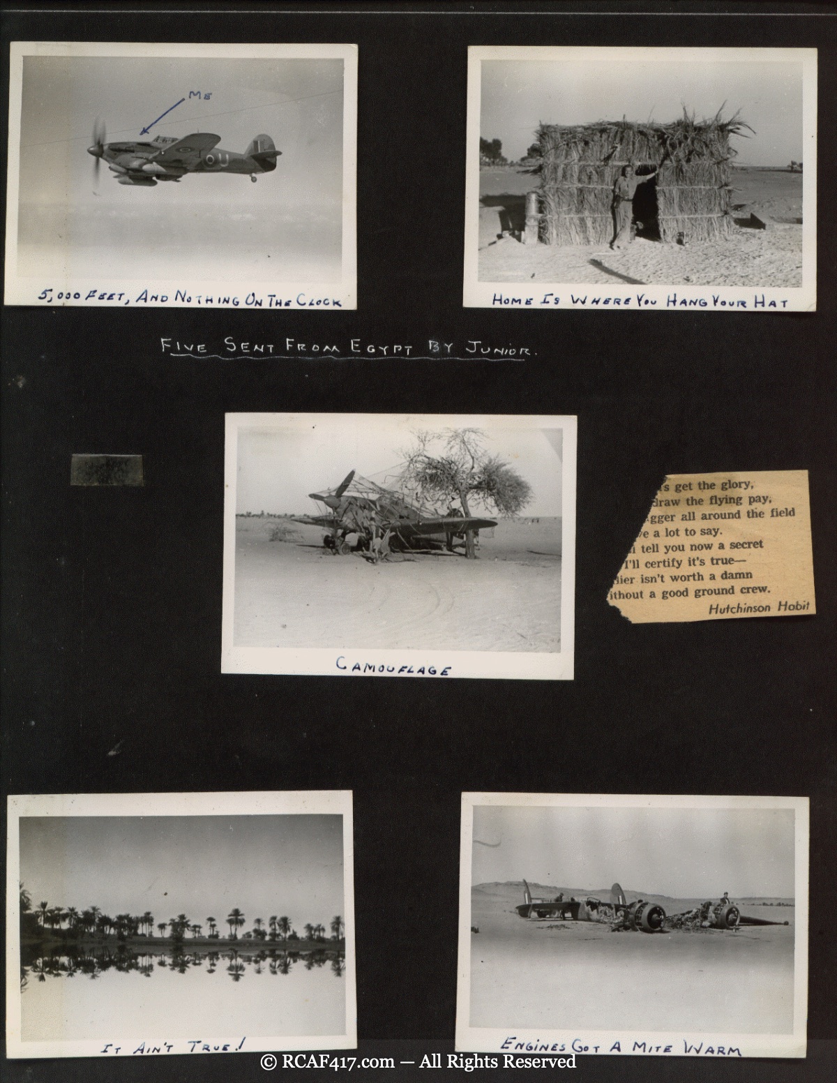 A single-engine fighter in flight over the desert, likely a Hurricane, among other snapshots
