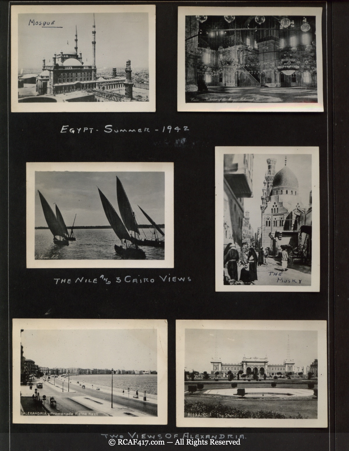 A page of souvenir postcards from Egypt, headed 'Egypt - Summer - 1942'