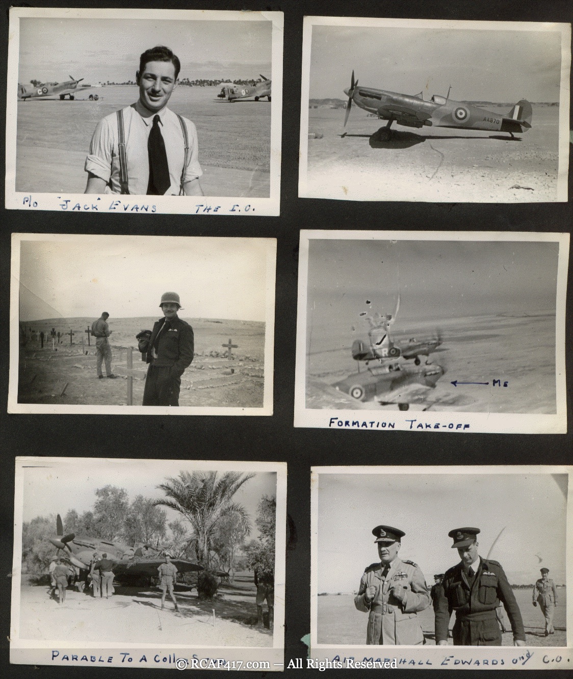 Photos of a formation take-off and a damaged Spitfire under a palm tree
