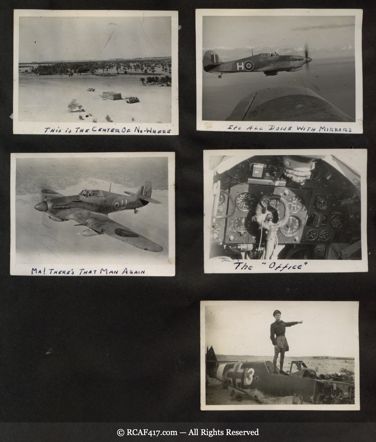 Hawker Hurricane fighters in flight over the desert, and a captured enemy aircraft wreck