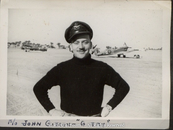 F/O John 'Gibby' Gibson standing before a row of Spitfires