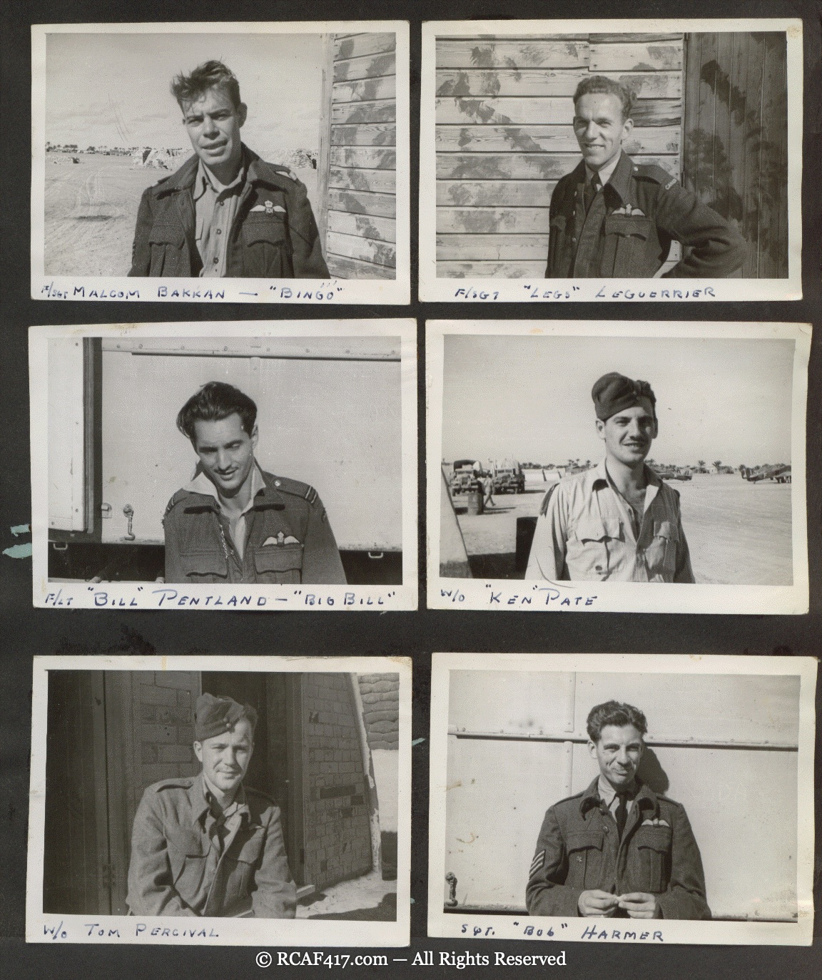 Individual portraits of six 417 Squadron airmen in the desert, including several named in the Colerne group photo