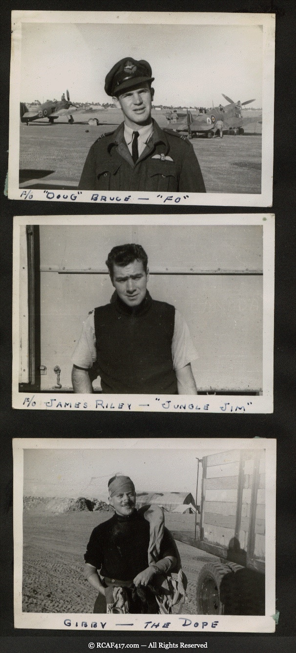 Individual portraits of F/O Doug Bruce, F/O James Riley, and Gibby