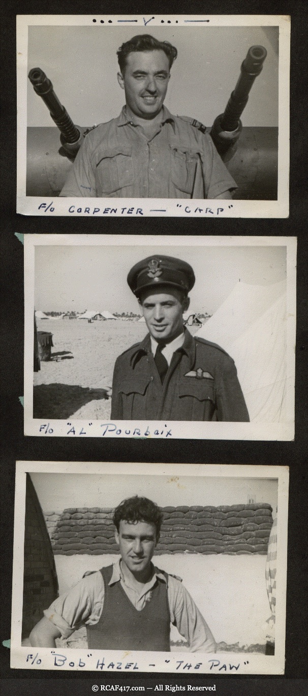 Individual portraits of F/O Carpenter, F/O Al Pourbaix, and F/O Bob Hazel
