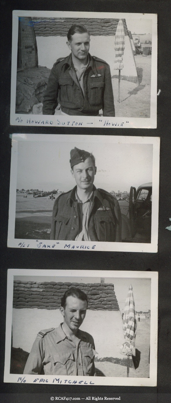 Individual portraits of F/O Howard Sutton, F/Lt Jake Maurice, and F/O Eric Mitchell