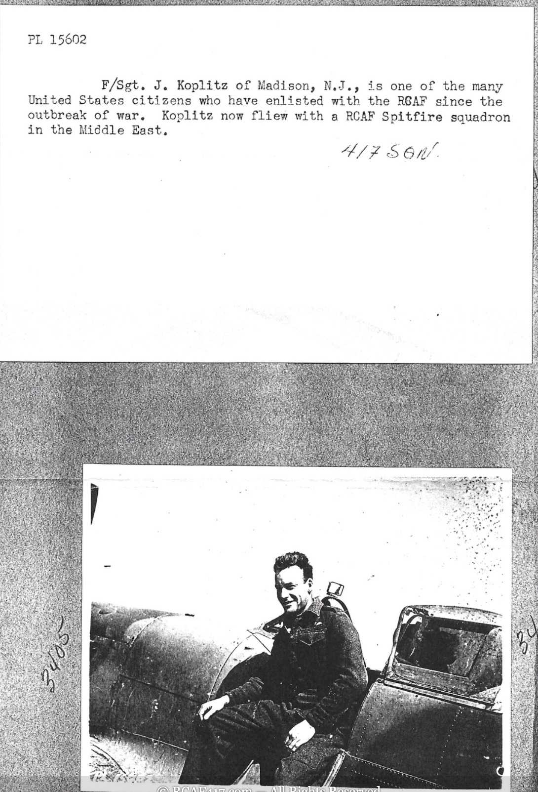 Official wartime press photograph of F/Sgt. J. Koplitz seated beside the cockpit of his Spitfire