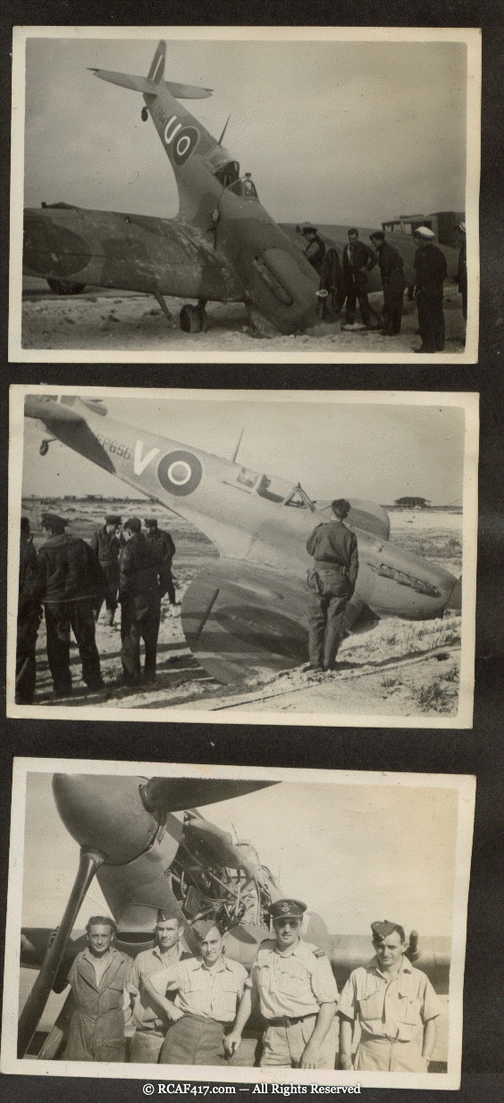 A crash-landed Spitfire, serial EP656, coded VO, with airmen and ground crew gathered around it