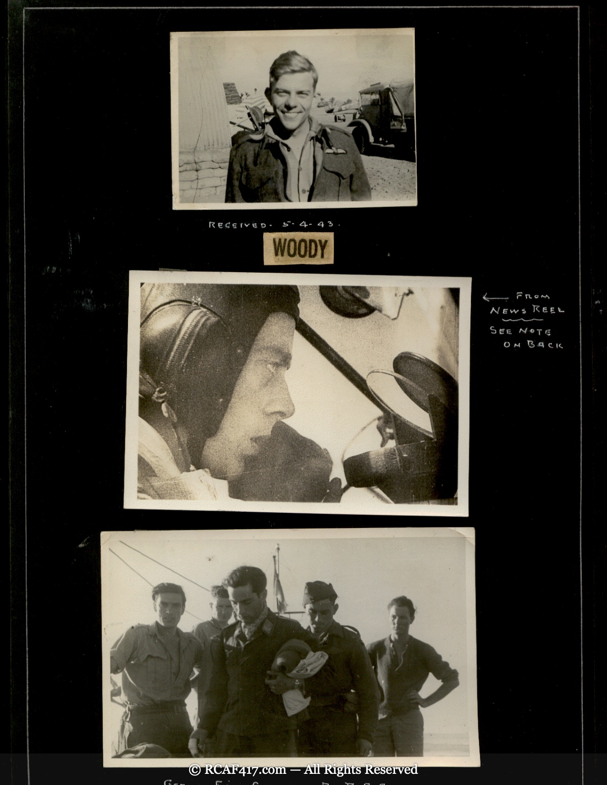 A page labeled 'Woody': a young airman, a newsreel cockpit still, and a group photo