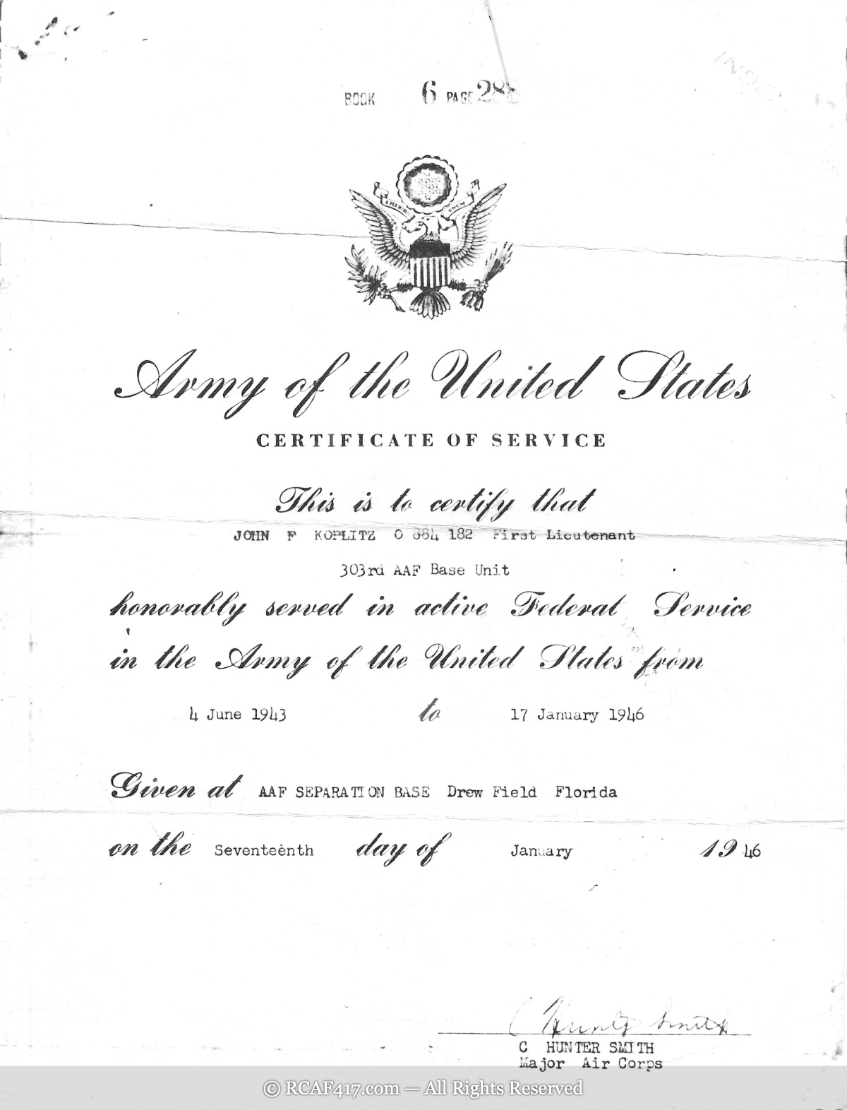 Army of the United States Certificate of Service for John F. Koplitz