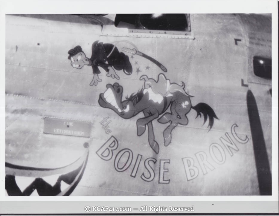 Nose art for the B-25 The Boise Bronc, a cartoon cowboy figure and a bucking horse