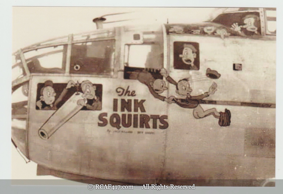 Nose art for the B-25 The Ink Squirts, cartoon paratroopers bailing out