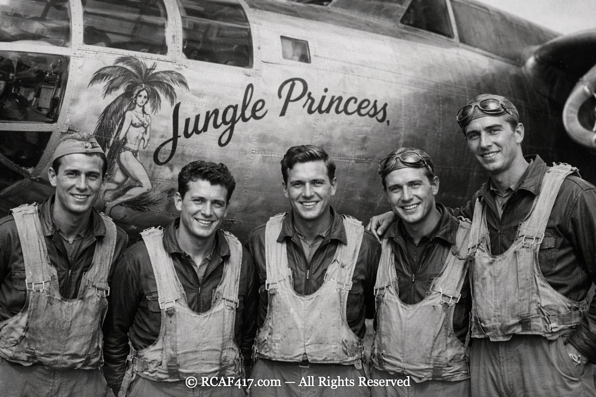 Five-man B-25 crew in flight gear posed in front of the Jungle Princess nose art