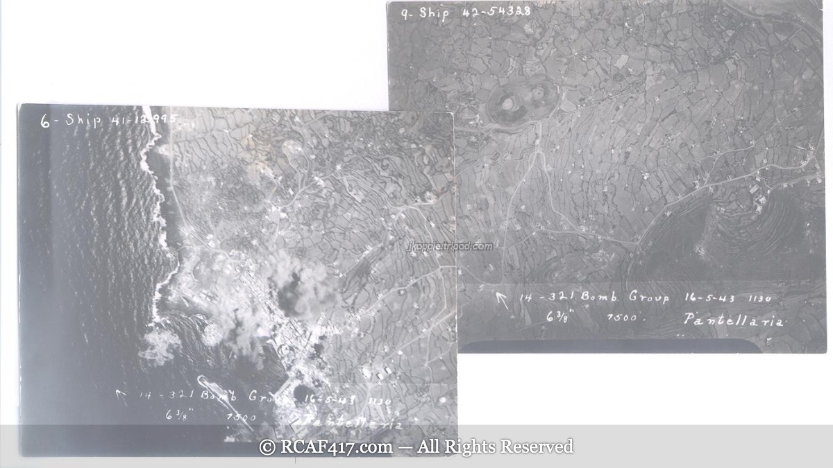 Two aerial strike photographs of Pantelleria, captioned 321 Bomb Group, May 16 1943