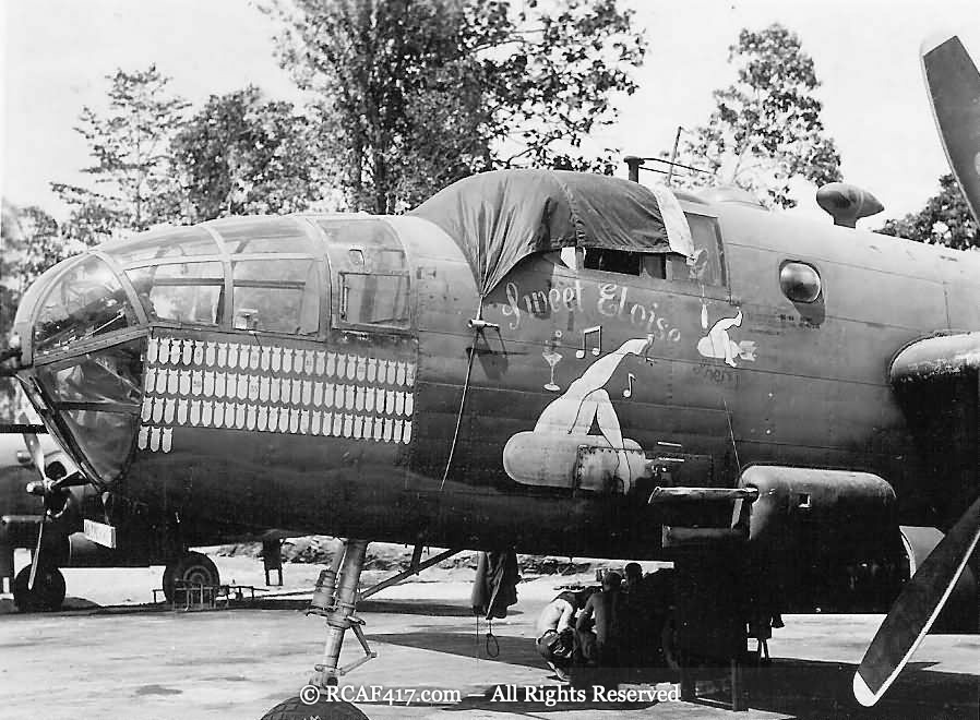 Nose art for the B-25 Sweet Eloise, pin-up figure with a long row of mission tally marks