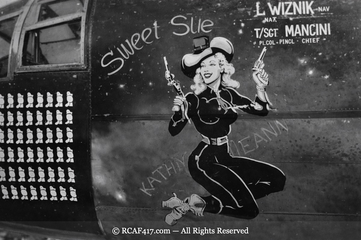 Nose art for the B-25 Sweet Sue, with crew names and a bomb tally