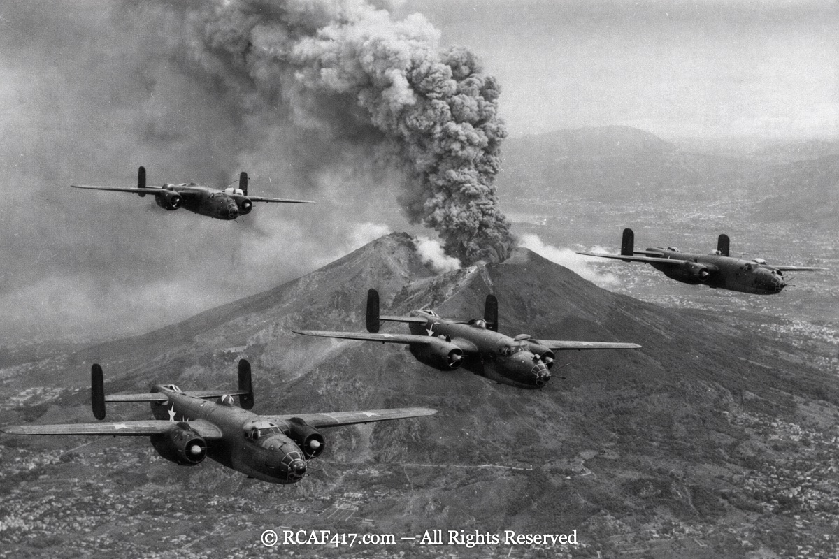 B-25 Mitchells in formation with Mount Vesuvius erupting