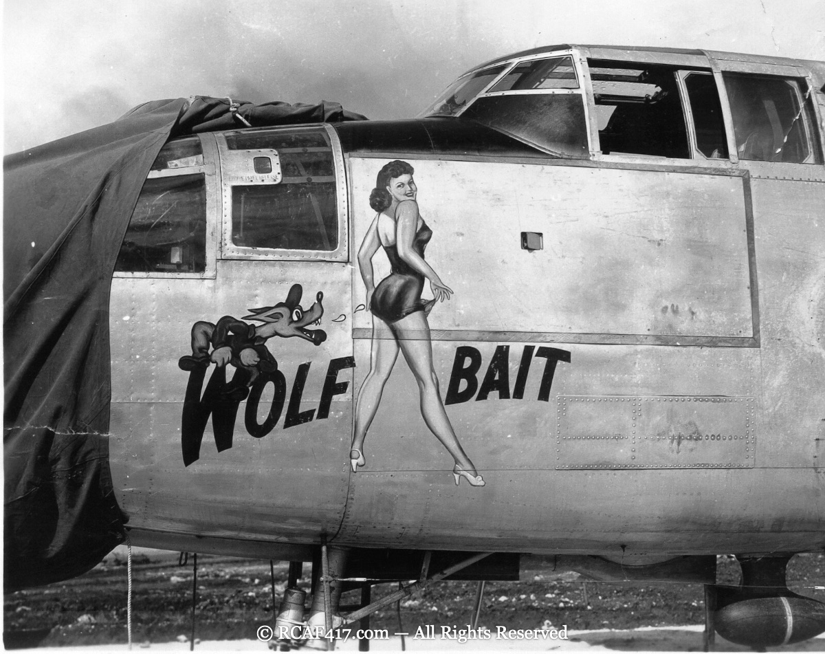 Nose art for the B-25 Wolf Bait, with a cartoon wolf and a pin-up figure