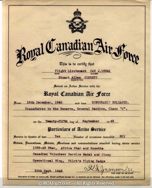 Royal Canadian Air Force Certificate of Service for Flight Lieutenant Stuart Allan Corbett