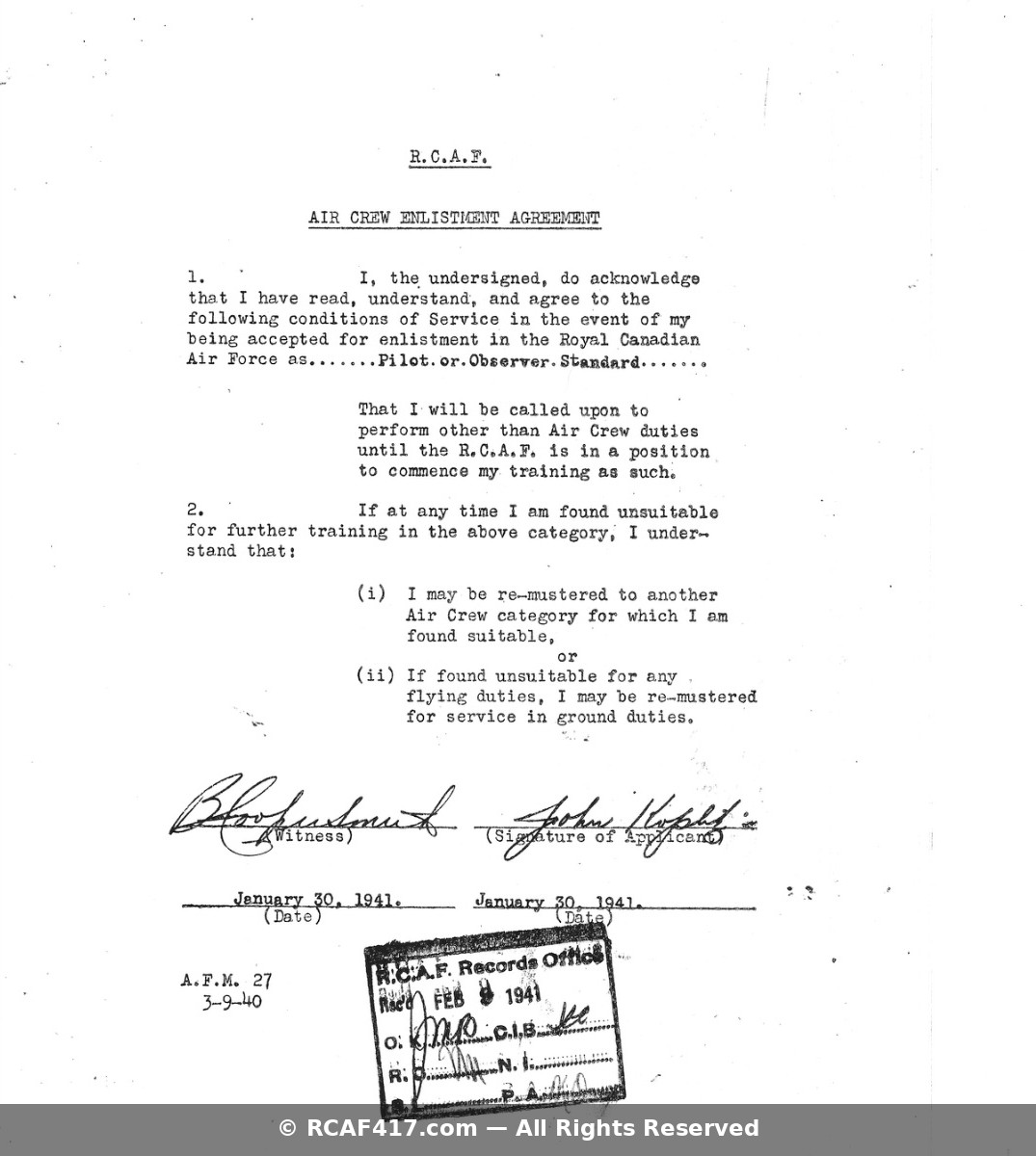 RCAF Air Crew Enlistment Agreement signed by John Koplitz, January 30, 1941