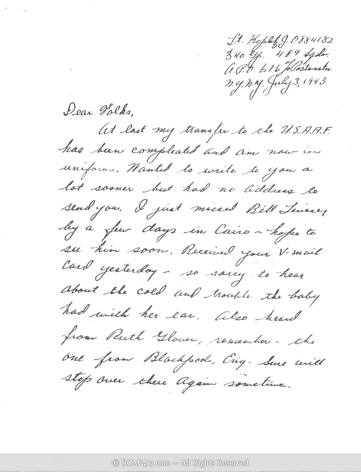 Handwritten letter from Lt. John Koplitz to his family, page 1, July 3, 1943