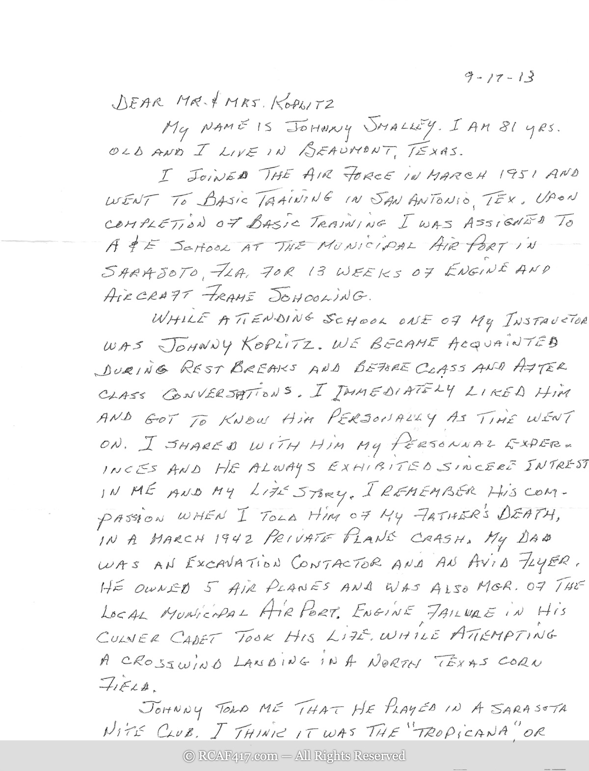 Johnny Smalley's letter to the Koplitz family, page 1, September 17, 2013