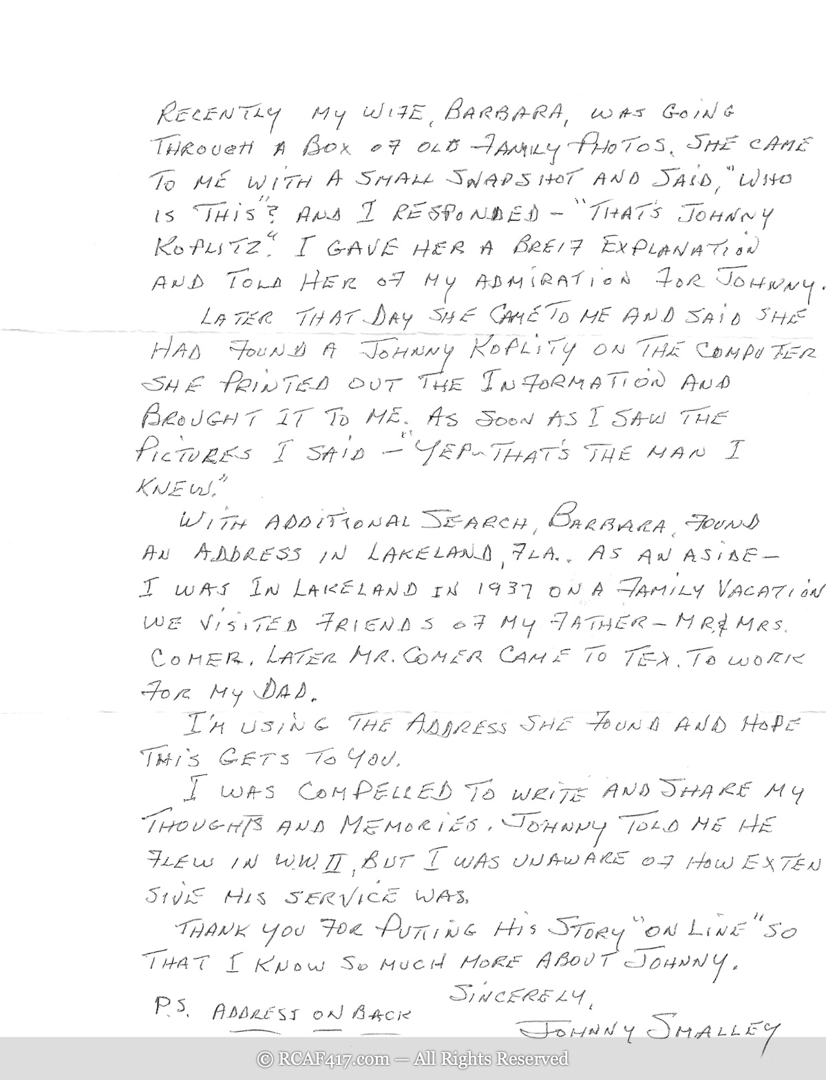 Johnny Smalley's letter to the Koplitz family, page 3, September 17, 2013