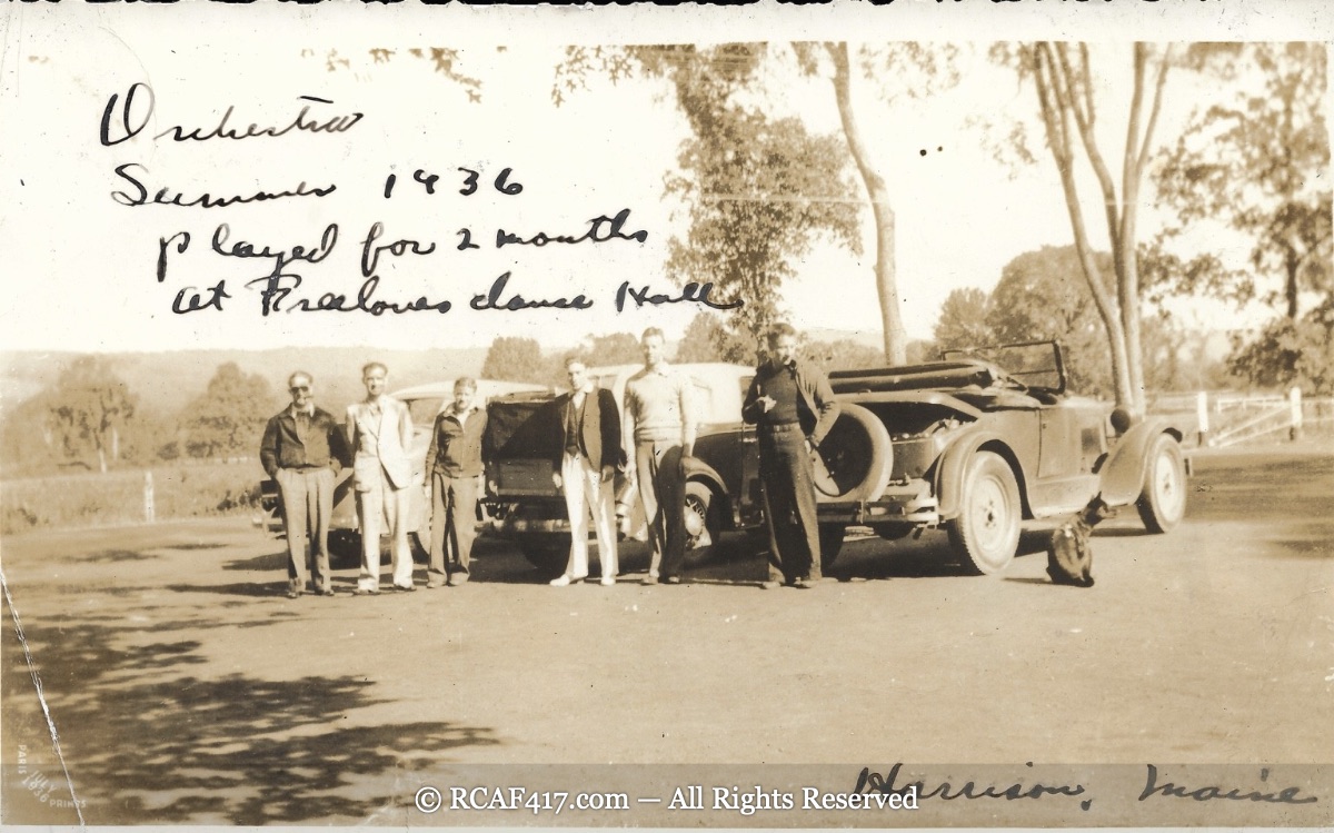 Koplitz's orchestra posed with automobiles in Harrison, Maine, summer 1936