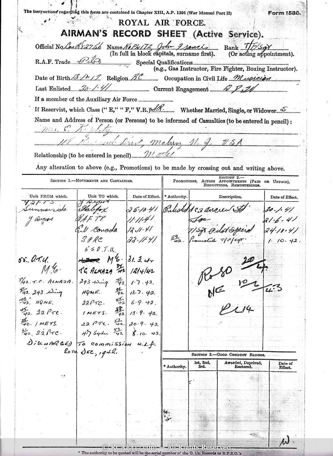 Royal Air Force Airman's Record Sheet (Active Service), Form 1580, for John Francis Koplitz