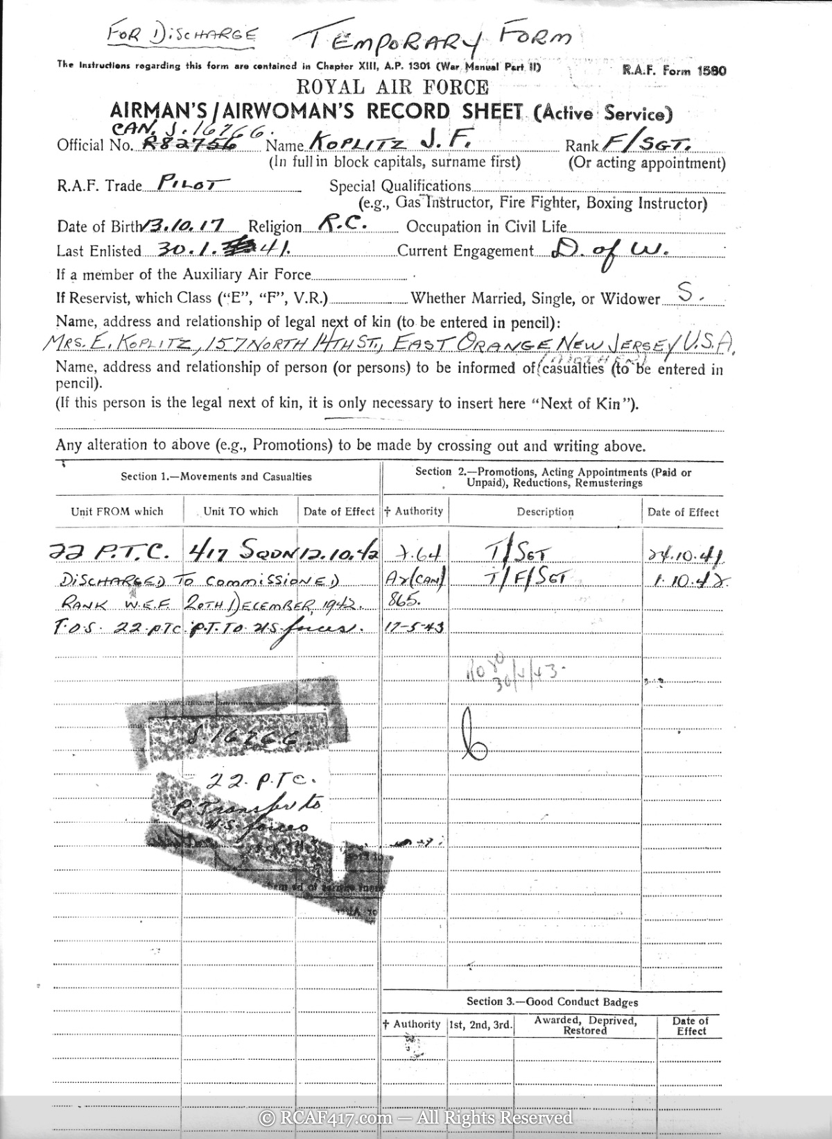 A second Royal Air Force Airman's Record Sheet, Form 1580, marked Temporary Form for Discharge
