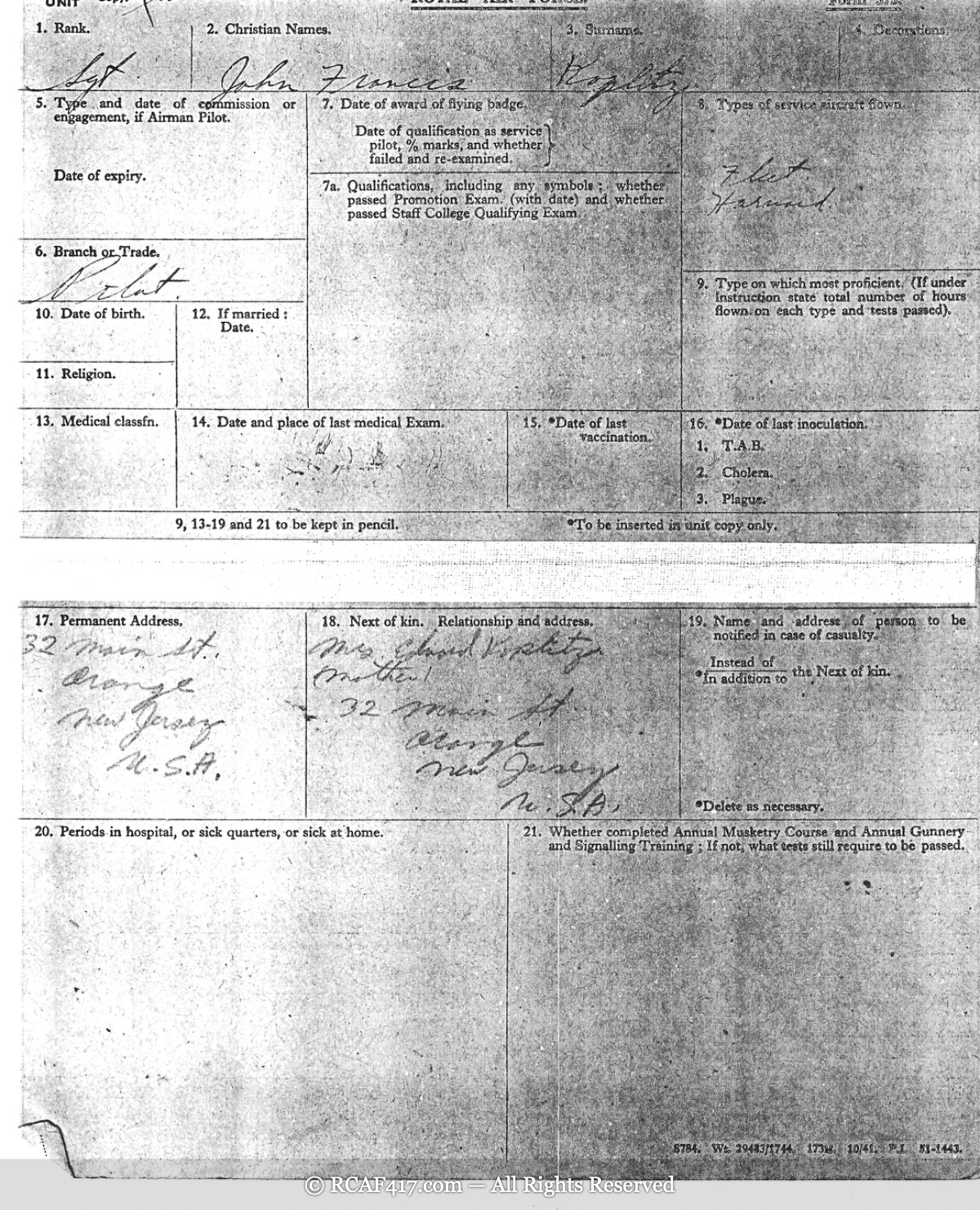 An earlier, sparsely filled Royal Air Force Officer Personal Record Card for Koplitz as a sergeant