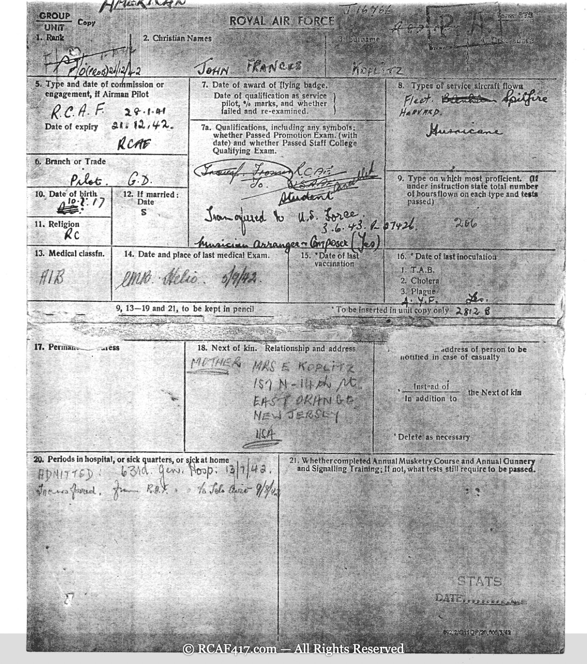 Royal Air Force Officer Personal Record Card listing aircraft flown and transfer to the U.S. Army Air Forces