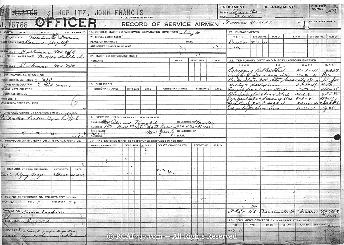 RCAF Officer Record of Service card showing parents' names, education, and flying experience