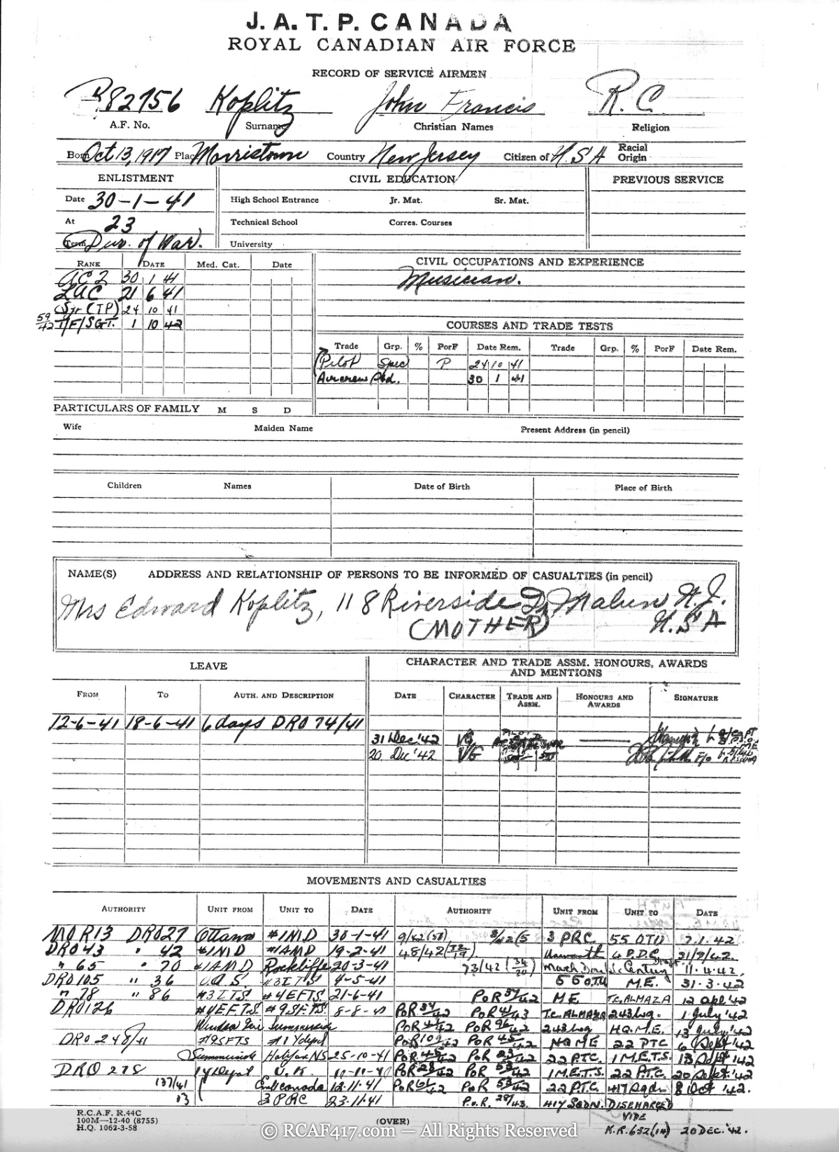 J.A.T.P. Canada Royal Canadian Air Force Record of Service Airmen, movements and casualties ledger