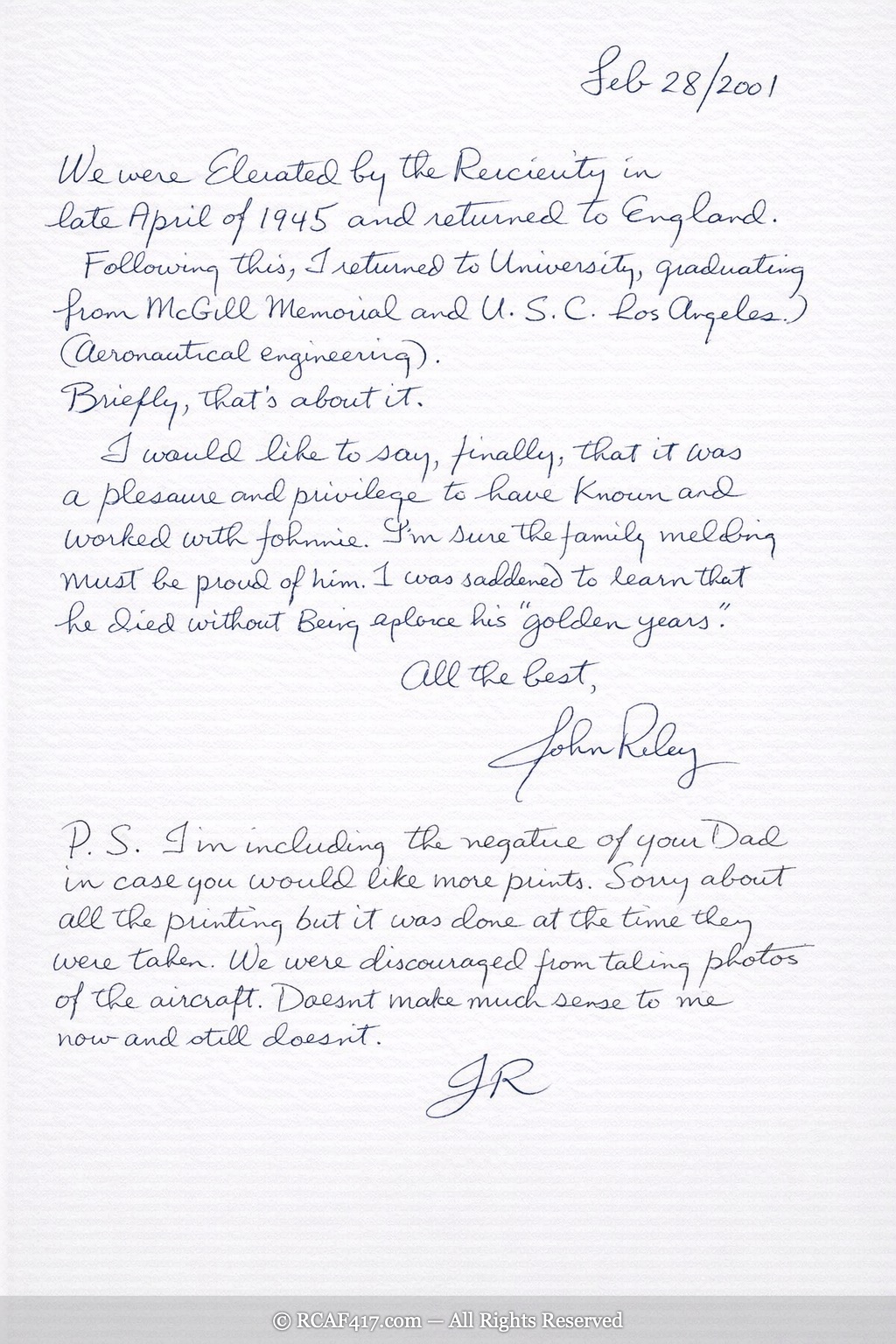 John Riley's handwritten letter to the Koplitz family, page 2, February 28, 2001