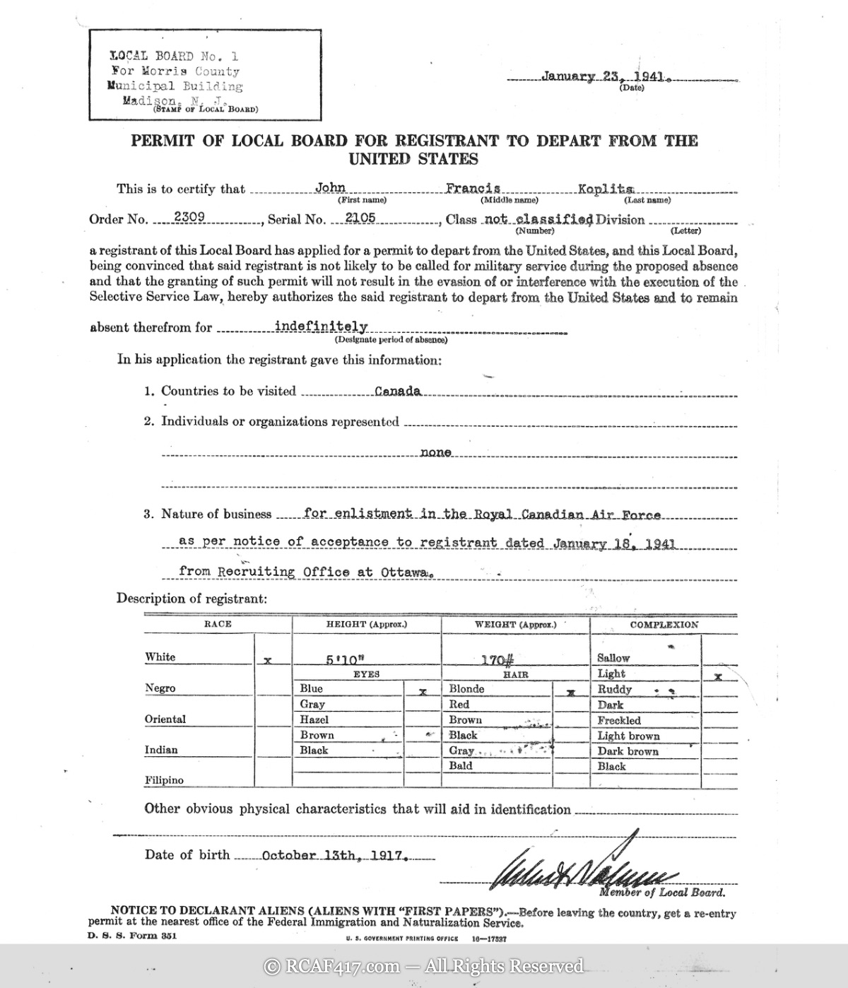 U.S. Selective Service Permit of Local Board for Registrant to Depart from the United States, January 23, 1941
