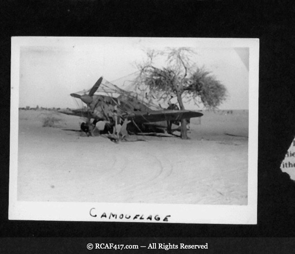 A 417 Squadron Spitfire hidden under camouflage netting and brush in the desert