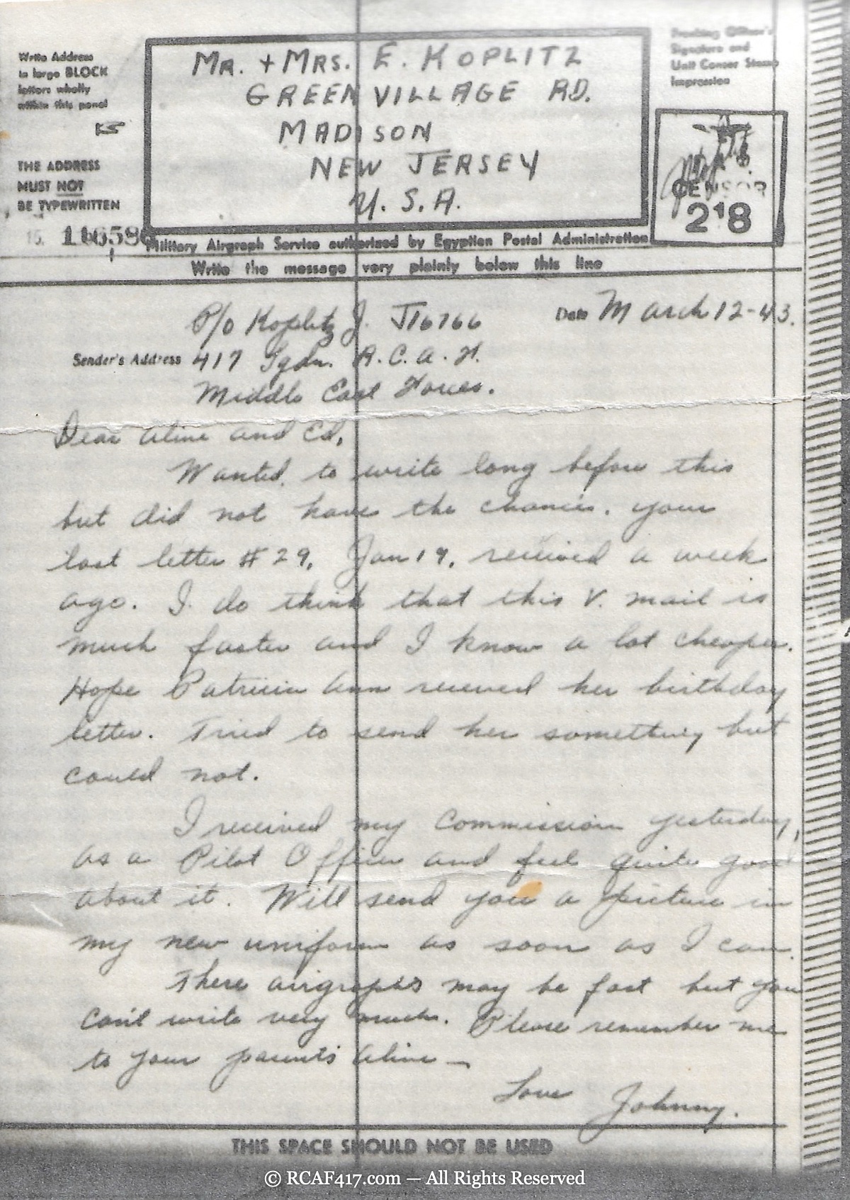 V-mail letter from P/O John Koplitz to his family, dated March 12, 1943, announcing his commission as Pilot Officer