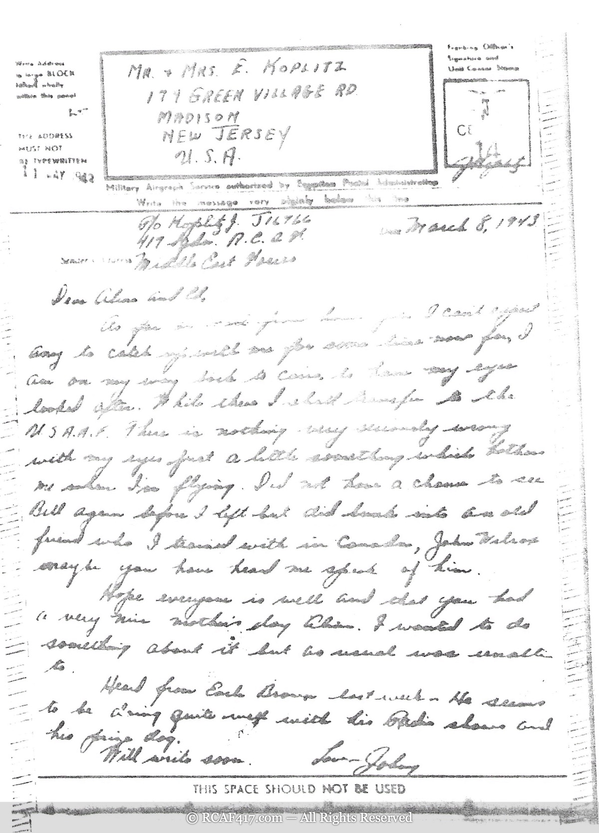 V-mail letter from P/O John Koplitz to his family, dated March 8, 1943, about eye treatment in Cairo and a pending USAAF transfer