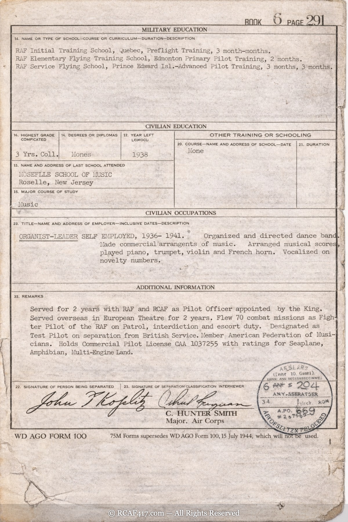 WD AGO Form 100, Koplitz's Separation Qualification Record, listing military education, civilian background, and service remarks