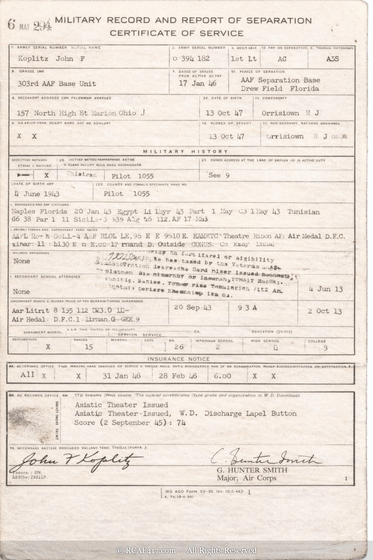 WD AGO Form 5355, Military Record and Report of Separation, Certificate of Service, for John F. Koplitz